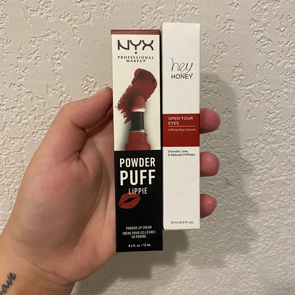 Hey Honey Lifting Eye Serum and NYX powder puff lippie